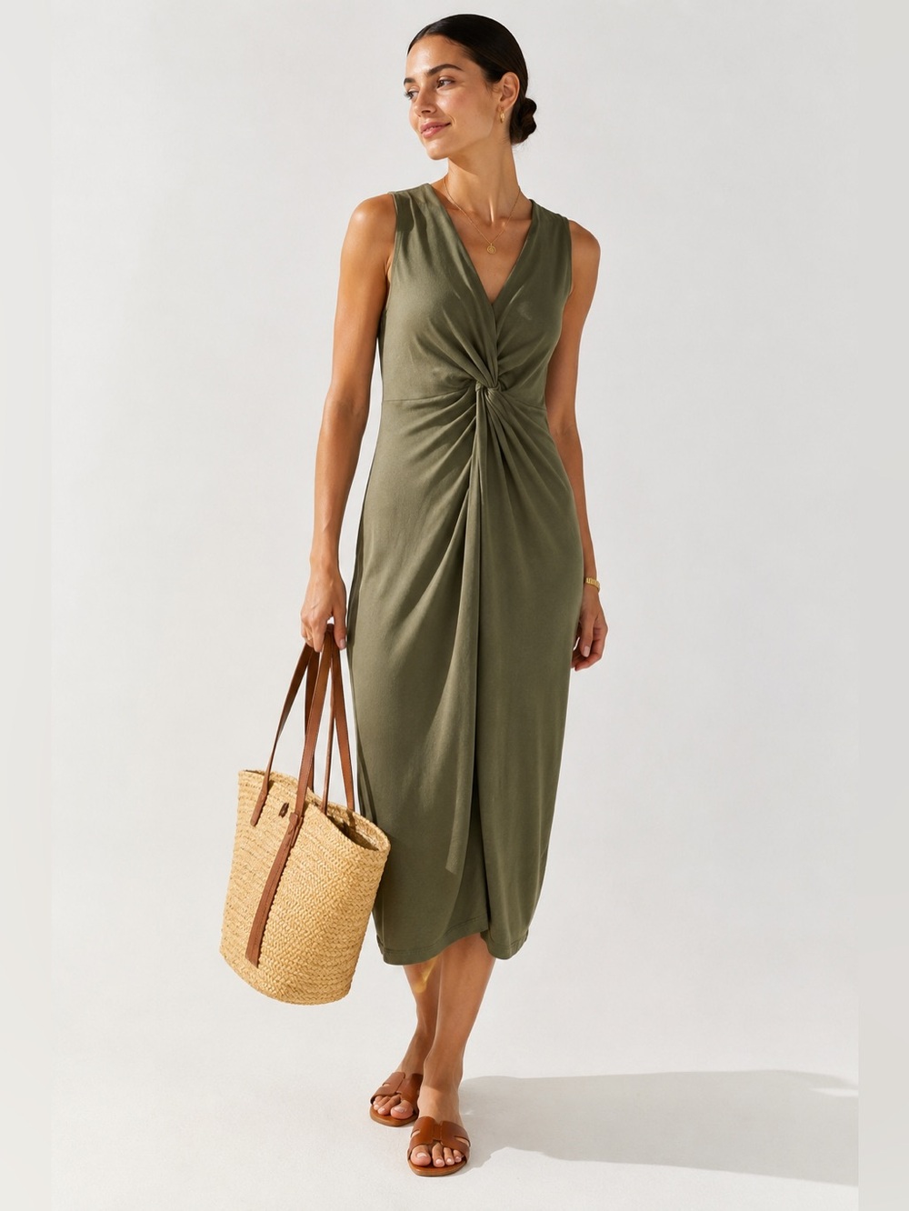 Nordstrom Rack Olive Twist Front Sleeveless Midi Dress XL Ruched Knot Stretch